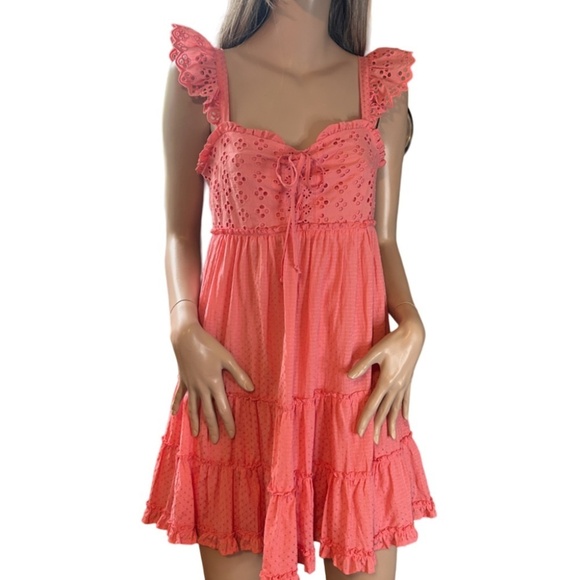 ALTAR'D STATE Dress Tiered Ruffled Ruched Pinafore Back Tie Bow Peach Coral NWOT - Picture 2 of 16